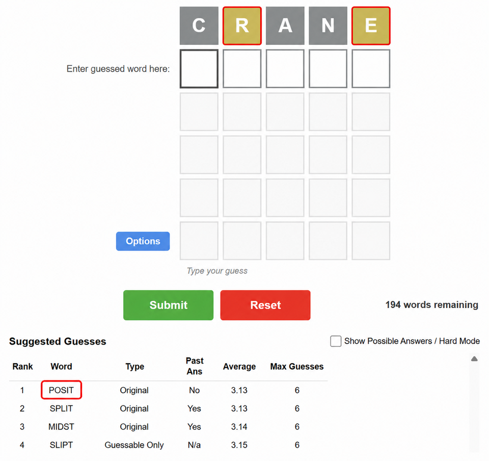 WordleFriend after guessing CRANE, with suggested next guesses led by POSIT