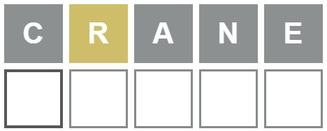Wordle result for the starting word CRANE with R in yellow