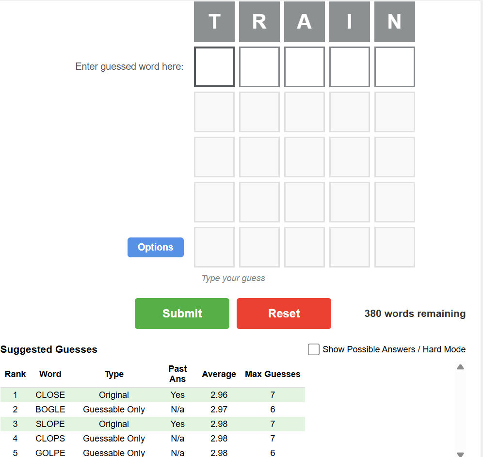 WordleFriend screen after guessing TRAIN, showing the Suggested Guesses table